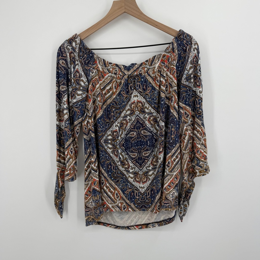 Daniel Rainn Womens Top Medium Blue‎ Paisley Tie Sleeve Boho Off Shoulders
